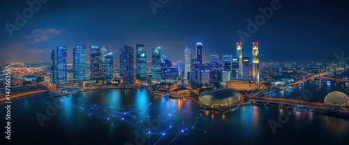 Wallpaper Mural Night cityscape of Singapore's vibrant downtown core, illuminated skyscrapers reflecting in the calm waters, with a digital network overlay connecting the buildings. : Generative AI Torontodigital.ca