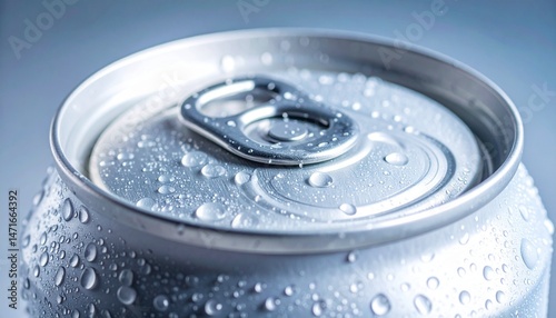 Close-up view of a cold aluminum can with condensation droplets on its surface. The pull tab is clearly visible. 