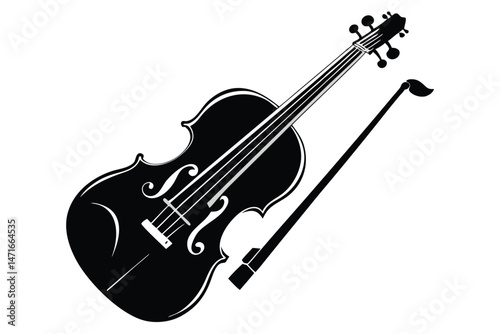 Bold violin shown alongside its bow presents a classic silhouette musical instrument