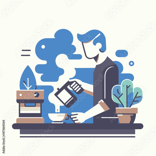 Barista Pouring Coffee in Modern Flat Illustration with Coffee Machine and Plants
