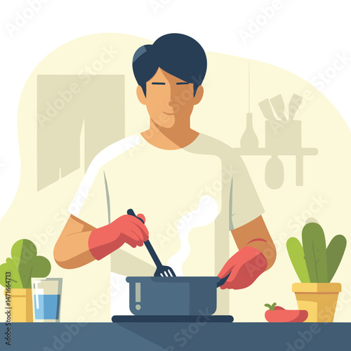 Man Cooking in Kitchen With Plants - Flat Illustration of a Culinary Scene