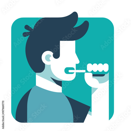 Teal Silhouette of Person Brushing Teeth - Flat Illustration for Dentistry and Oral Hygiene Themes