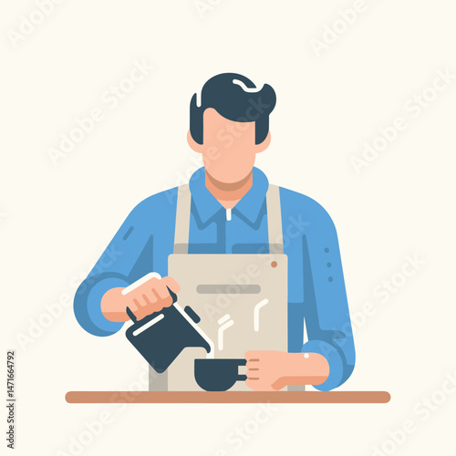 Flat Illustration of Barista Pouring Coffee in Café Setting