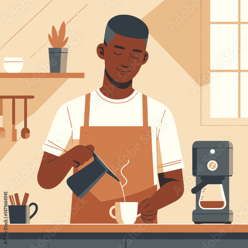 Barista Making Coffee at Home in Cozy Kitchen - Flat Illustration