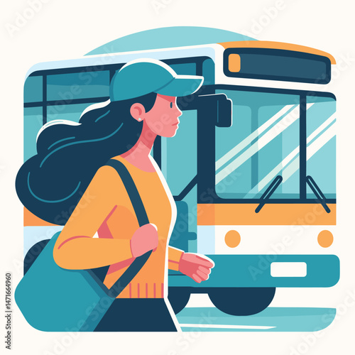 Urban Commuter Woman in Flat Illustration Bus Travel Scene