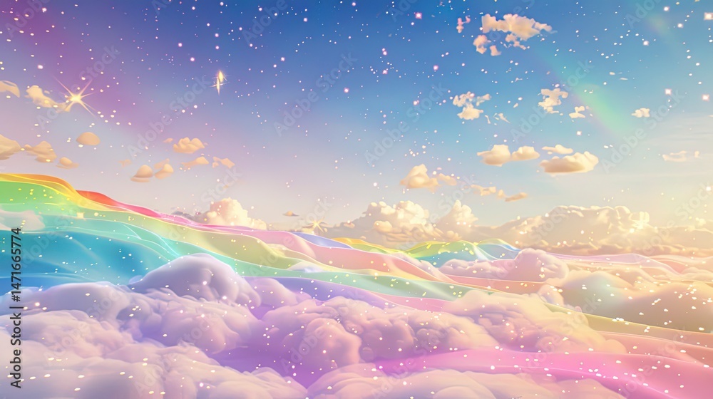 Fototapeta premium A whimsical, pastel-colored landscape of clouds, rainbows, and shimmering light