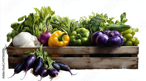 Fresh vegetables in wooden crate, including lettuce, peppers, broccoli, and eggplants, create vibrant and healthy display