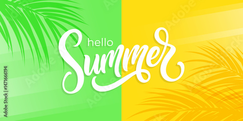Hello Summer. Summertime background with palm leaves hand lettering for Summer season creative graphic design. Vector illustration.