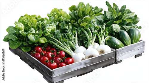Fresh vegetables in wooden crate, including tomatoes, lettuce, and greens, showcasing vibrant colors and healthy produce
