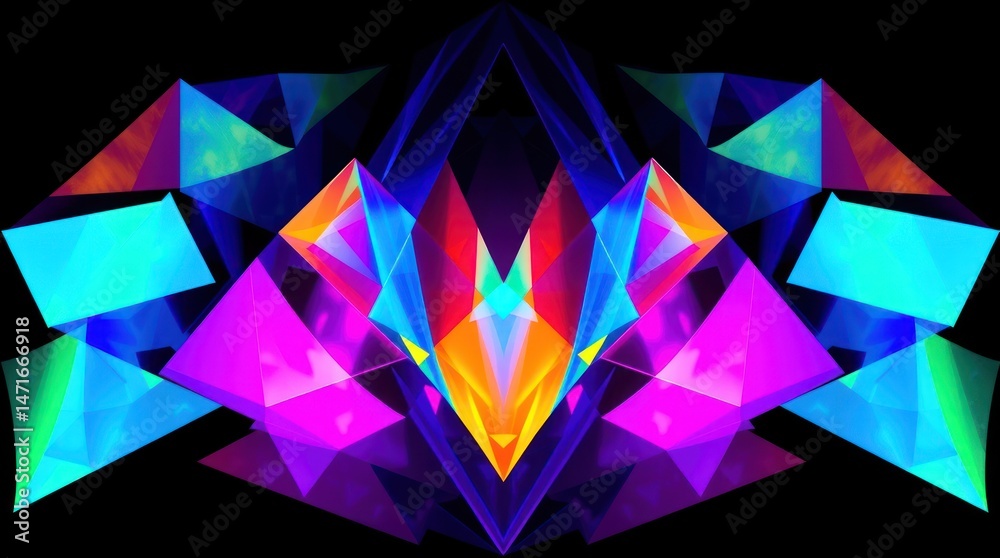 Obraz premium Vibrant, symmetrical abstract art featuring luminous, multifaceted geometric shapes in a dark background
