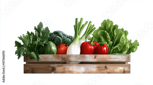 Fresh vegetables in wooden crate, including lettuce, tomatoes, green onions, and leafy greens, evoke sense of healthy living and freshness