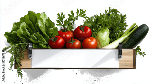 Fresh vegetables including lettuce, tomatoes, cucumbers, and herbs arranged beautifully in wooden container, evoking sense of health and vitality