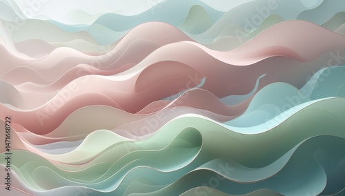 An ethereal abstract image featuring smooth, flowing waves in soft cream and green hues. The layered textures create a serene and calming atmosphere, perfect for modern decor