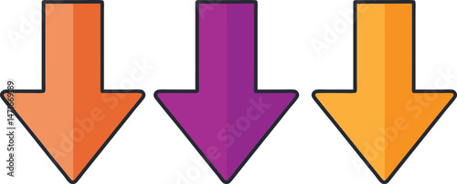 Downward Trend Concept – Three Bold Arrows in Orange, Purple & Yellow on Transparent Background – Symbolizing Decline, Market Drop, Risk Analysis & Strategic Change – Vector Stock Graphic