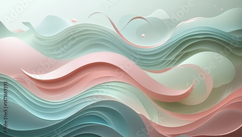 An ethereal abstract image featuring smooth, flowing waves in soft cream and green hues. The layered textures create a serene and calming atmosphere, perfect for modern decor