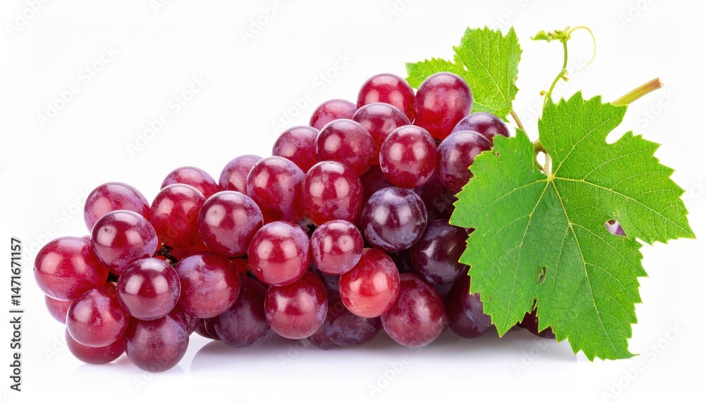 Obraz premium Clusters of vibrant, ripe red grapes with lush green leaves sit against a clean white background, showcasing a fresh, bountiful harvest.