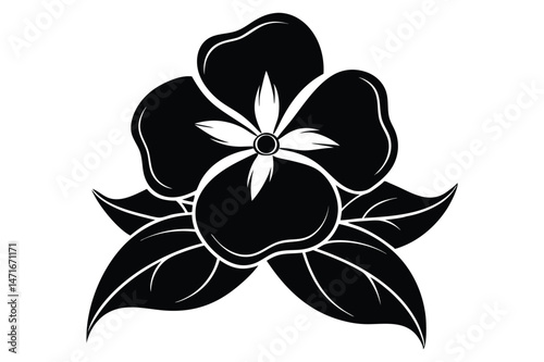 monochrome floral motif depicts five petals and leafy foliage with elegant outlines