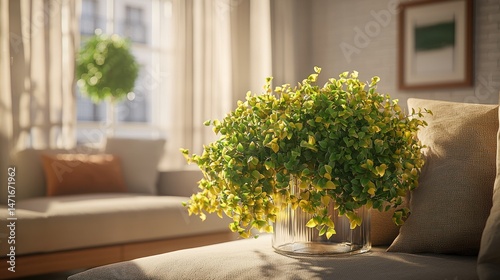 Sunlight streams into a modern living room featuring a potted plant.