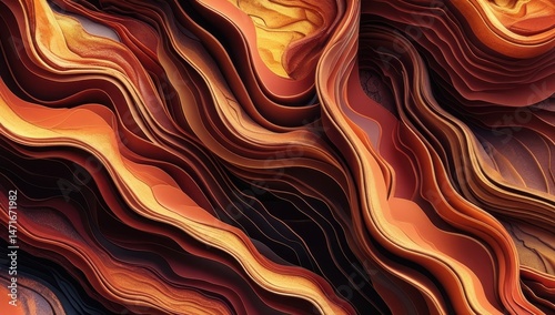 A stunning abstract piece showcasing flowing waves in rich shades of orange and brown. The layered textures create depth, evoking warmth and energy, perfect for modern interior design