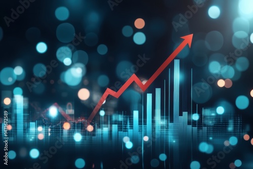 Red arrow rising on digital bar chart with blurred blue bokeh lights in background. Concept of economic growth, finance, analytics, success and positive trend in data statistics. Copy space. Banner