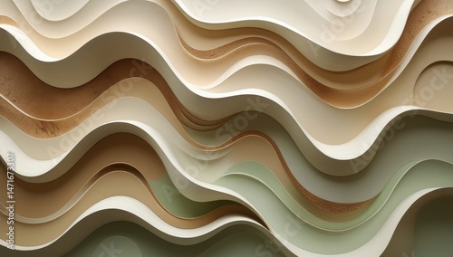 An ethereal abstract image featuring smooth, flowing waves in soft cream and green hues. The layered textures create a serene and calming atmosphere, perfect for modern decor