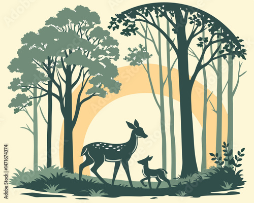 A forest scene with a deer and fawns, surrounded by dense trees and a rising sun behind them.
