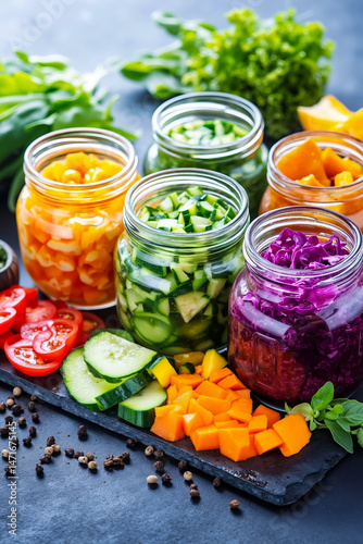 A variety of jars filled with different types of vegetables on a table