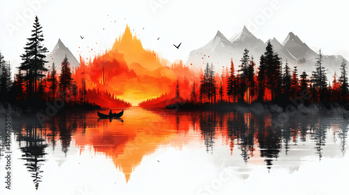 Fiery sunset over mountain lake landscape