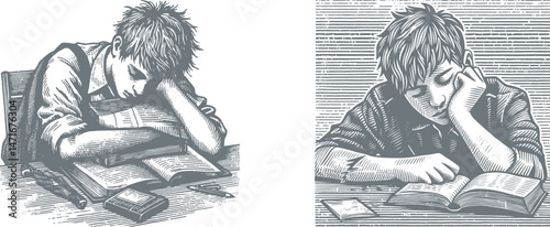 Woodcut Design: Student Struggling to Stay Awake While Studying, Capturing the Strain of Late-Night Learning