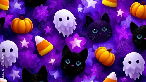 Cute cartoon cats and candy corn Halloween pattern background for website blog social media design print fabric projects.