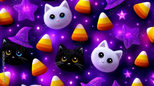 Cute cartoon cats and candy corn Halloween pattern background for website blog social media design print fabric projects.
