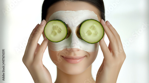 Woman in facemask applying cucumber pieces on white background photo