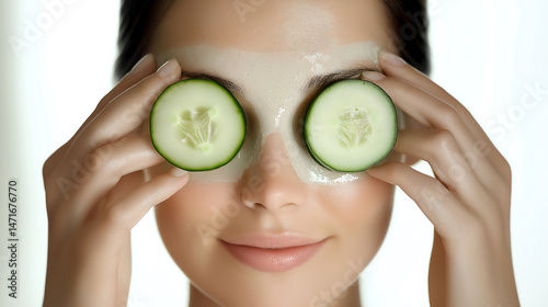Woman in facemask applying cucumber pieces on white background photo