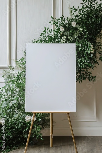 Blank white sign on easel, adorned with lush greenery and white roses