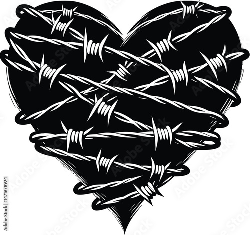 Simple Unique Heart Wrapped in Barbed Wire Vector Silhouette