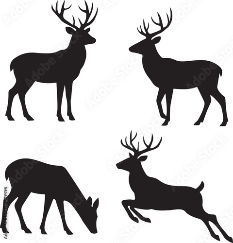Deer Silhouettes Vector Set – Standing, Grazing, and Jumping Stags and Does