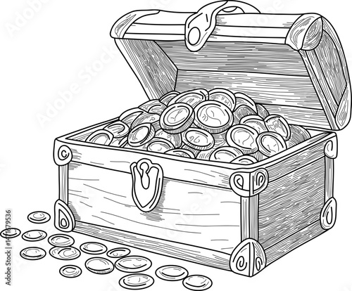 Treasure chest overflowing with doodled coins and gems