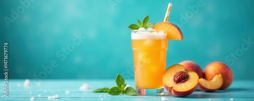 Peach iced drink, garnished, blue backdrop, copy space, gastronomy, lemonade photo