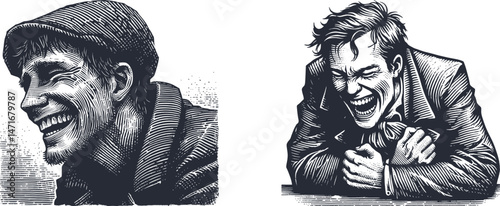 Woodcut Engraving Design: Depiction of a Jobless Youth Forcing a Grin, Capturing Struggles and Resilience in Art