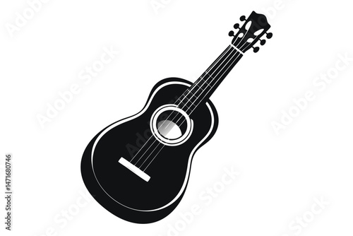 A detailed silhouette shows an acoustic guitar instrument with six strings on white background