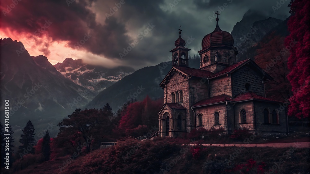 Fototapeta premium The old orthodox church tower stands against the night sky in the mountains, a landmark of faith and European architecture