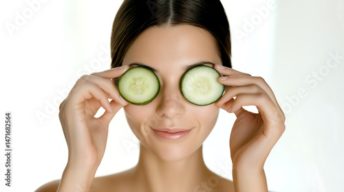 Woman in facemask applying cucumber pieces on white background photo