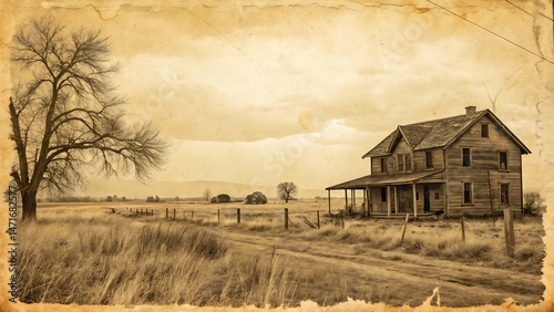 An old abandoned farmhouse rests in a green field under a vast summer sky at sunset