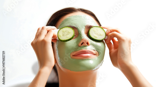 Woman in facemask applying cucumber pieces on white background photo