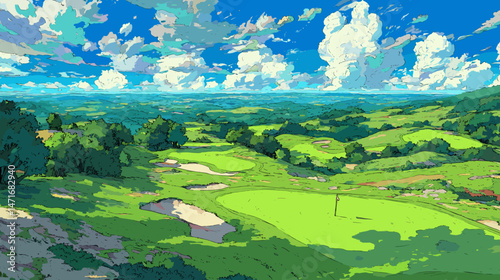 青空と緑に包まれたゴルフコースのベクターイラスト