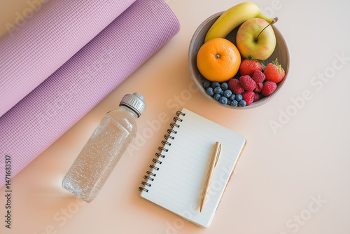 Healthy Lifestyle Flatlay: Yoga mat, fruit bowl, water bottle, and notebook with pen on peach background.  A visual representation of a balanced and healthy lifestyle.