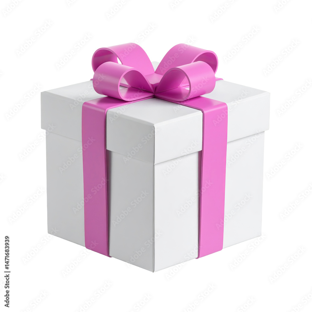White Gift Box with Pink Ribbon isolated object present giveaway PNG transparent background
