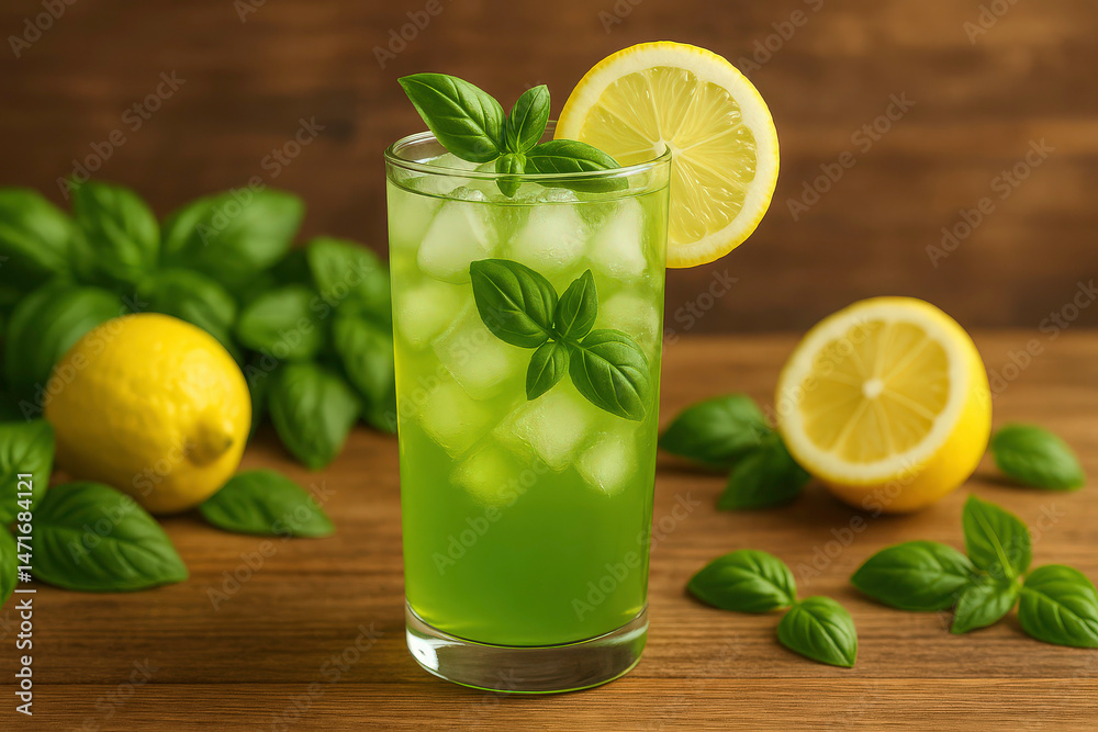 Fototapeta premium Refreshing green basil lemonade with lemon slice garnish, ice cubes in tall glass on wooden table. Summer beverage with basil leaves and lemons. Healthy refreshing drink concept 