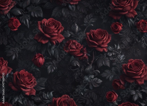 Deep midnight damask, rich velvet texture, blooming gothic roses,  pattern,  damask,  print