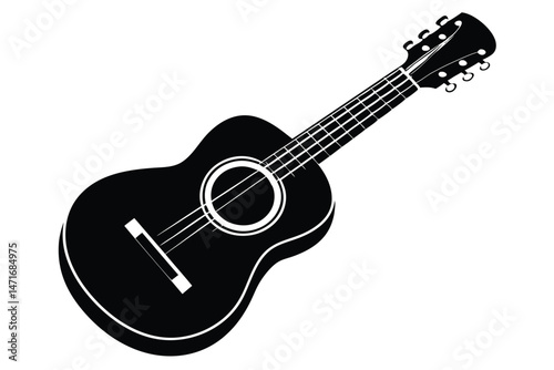 Silhouette of an acoustic guitar showing its strings, body, and headstock facing right
